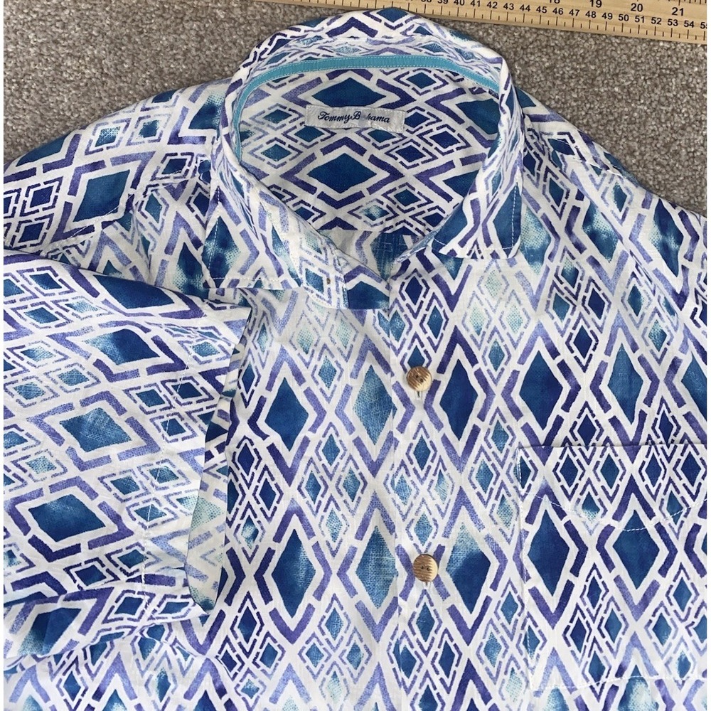 Tommy Bahama Cotton/Silk All Over Loud Geometric Blue/Purple/White‎ Shirt Mens L